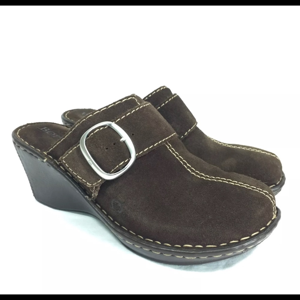 Born Clogs Mules Wedge Heel Slip On Brown Suede